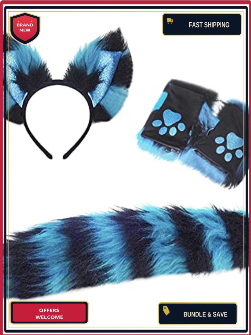 Faux Fur Wolf Fox Tail Ears Headband Paw Gloves Cosplay Set